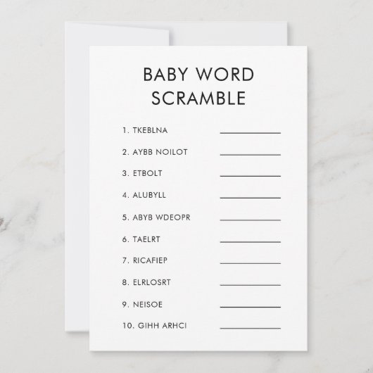 Minimalistisch Baby Word Scramble Baby Showspiel Einladung (Vorderseite)