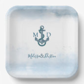 Minimalistisch Beach Blue Anchor Nautical Wedding Pappteller (Vorderseite)