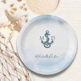 Minimalistisch Beach Blue Anchor Nautical Wedding Pappteller