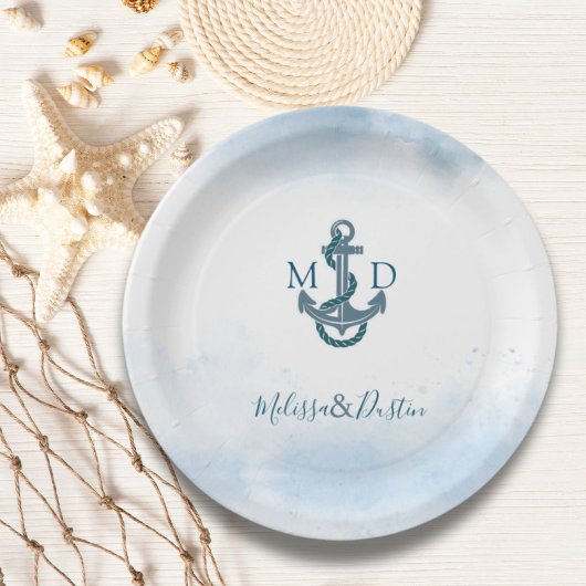 Minimalistisch Beach Blue Anchor Nautical Wedding Pappteller