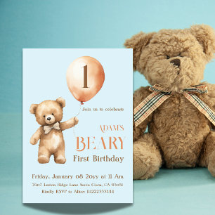 Minimalistisch Bear Blue Boy Beary 1. Geburtstag Einladung