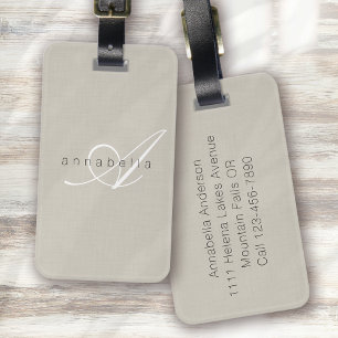 Minimalistisch Beige Linen Monogram Script Gepäckanhänger
