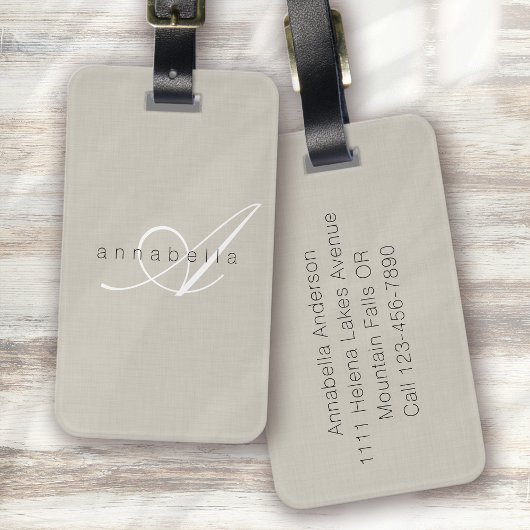 Minimalistisch Beige Linen Monogram Script Gepäckanhänger