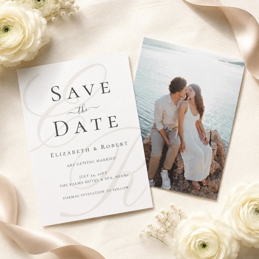 Minimalistisch Beige Monogram Custom Foto Wedding Save The Date