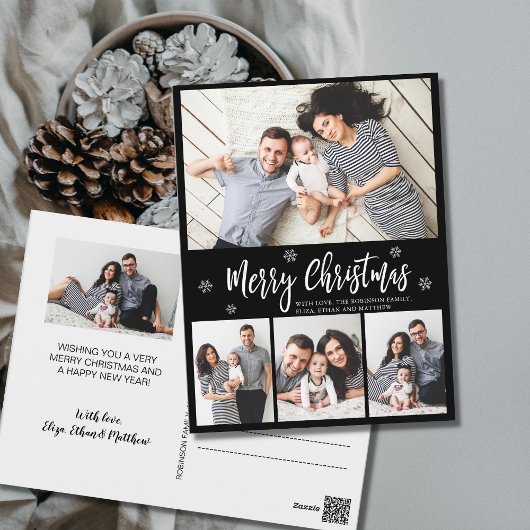 Minimalistisch Black 4 Foto Collage Script Weihnac Postkarte