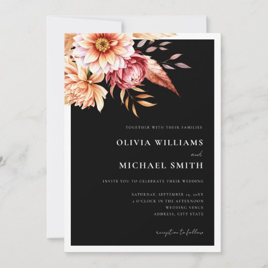 Minimalistisch Black Boho Floral Wedding Einladung (Vorderseite)