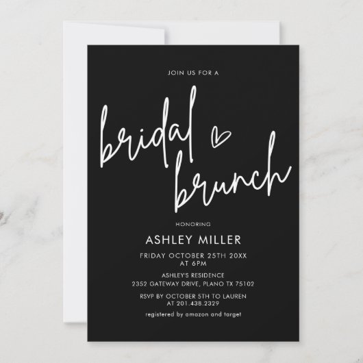 Minimalistisch Black Bridal Brunch Einladung (Vorderseite)