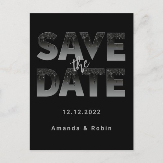 Minimalistisch Black Glitzer Tropfen Hochzeit Ankündigungspostkarte (Vorderseite)