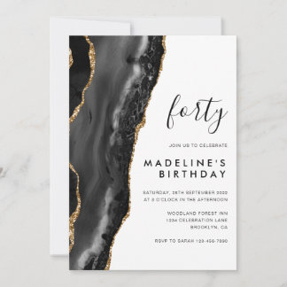Minimalistisch Black Gold Agate Geode 40. Geburtst Einladung