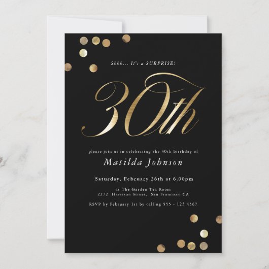 Minimalistisch Black Gold Überraschung 30. Geburts Einladung (Vorderseite)