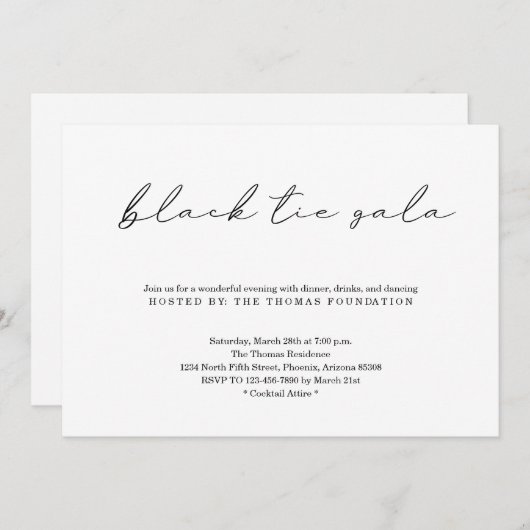 Minimalistisch Black Krawatte Gala Einladung (Vorne/Hinten)