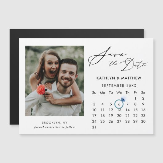 Minimalistisch Black Modern Script Foto Save the D Magneteinladung (Vorne/Hinten)