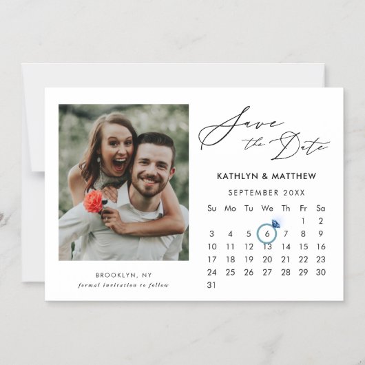 Minimalistisch Black Modern Script Foto Save the D Magneteinladung (Vorderseite)