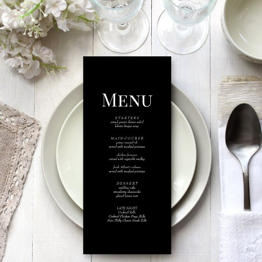Minimalistisch Black Monogram Wedding Menu Card Menükarte