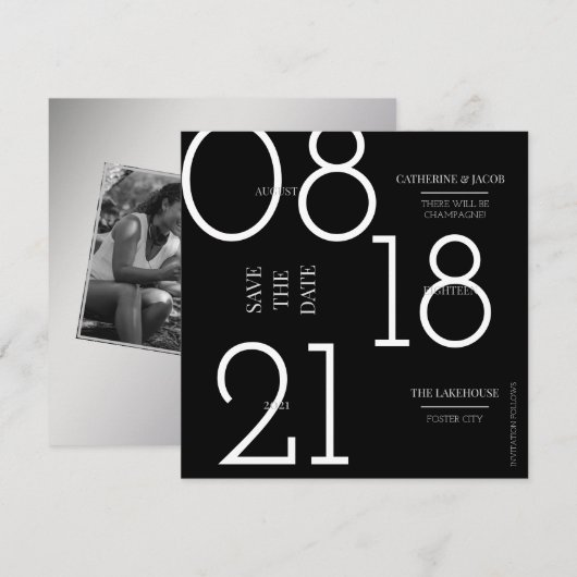 Minimalistisch Black Silver White Wedding Save The Date (Vorne/Hinten)