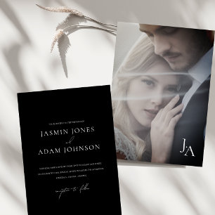 Minimalistisch Black Simple Monogram Foto Wedding Einladung