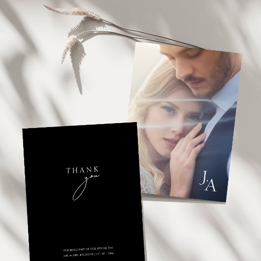 Minimalistisch Black Simple Script Foto Wedding Dankeskarte