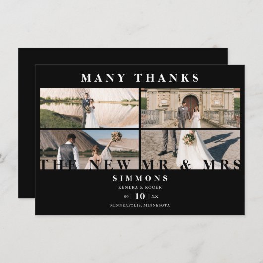 Minimalistisch Black Trendy Collage Wedding 4 Foto Dankeskarte (Vorne/Hinten)