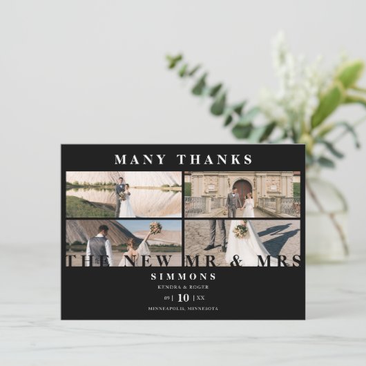 Minimalistisch Black Trendy Collage Wedding 4 Foto Dankeskarte (Stehend Vorderseite)