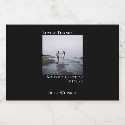 Minimalistisch Black Wedding Foto Liebe & Danke Mi Alkoholflaschenetikett (Einzelnes Label)