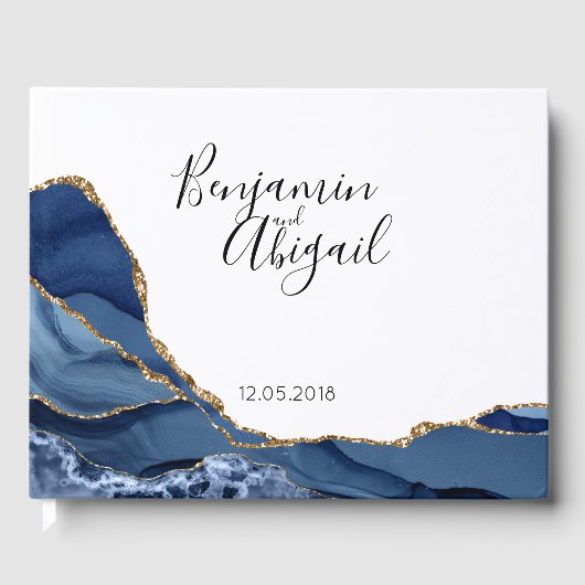 Minimalistisch Blue and Gold Agate Wedding Gästebuch (Vorderseite)