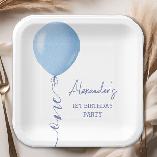 Minimalistisch Blue Balloon Boy 1. Geburtstag Pappteller