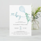 Minimalistisch Blue Balloon Eucalyptus Boy Baby Sh Einladung (Stehend Vorderseite)