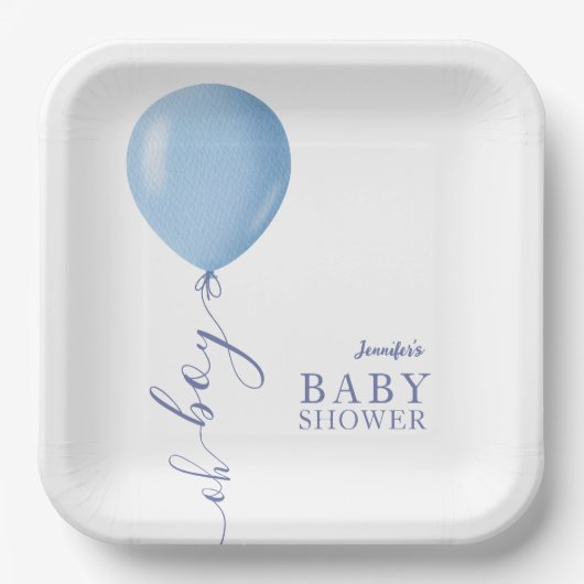 Minimalistisch Blue Balloon Oh Boy Baby Dusche Pappteller (Vorderseite)