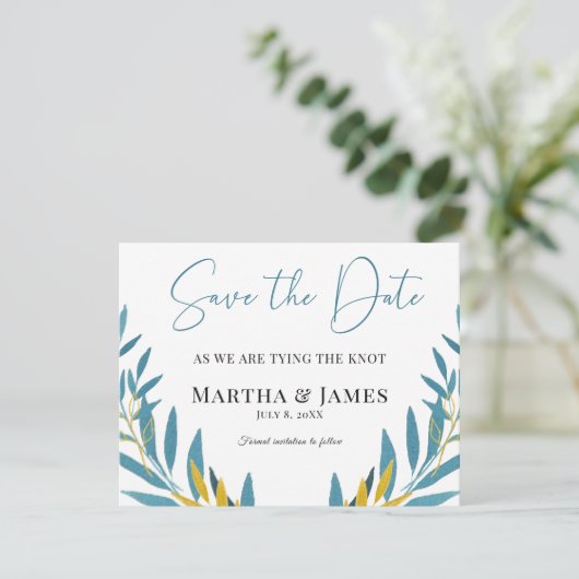 Minimalistisch Blue Botanic Save the Date Card RSVP Karte (Stehend Vorderseite)