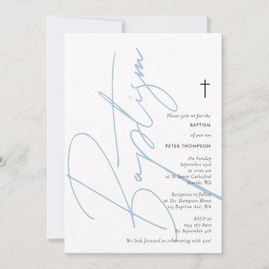 Minimalistisch Blue Boy Script Taufe Christening Einladung (Vorderseite)