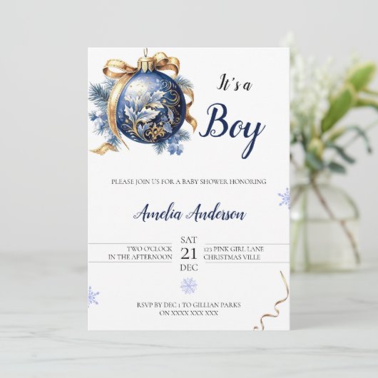 Minimalistisch Blue Christmas Ornament Baby Shower Einladung (Stehend Vorderseite)