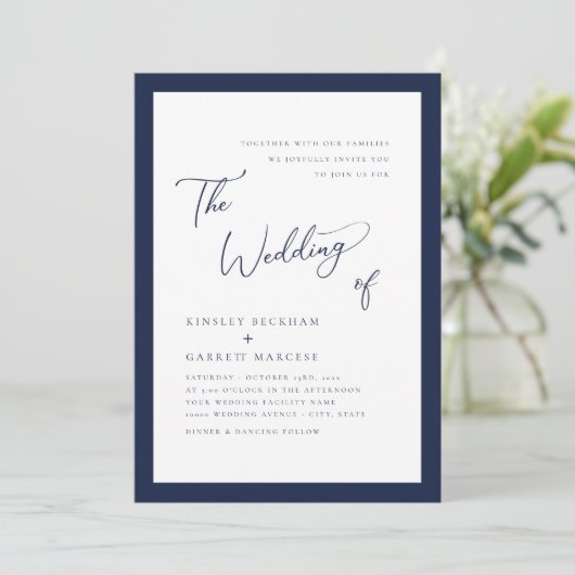 Minimalistisch Blue Elegant Script Wedding Einladung (Stehend Vorderseite)