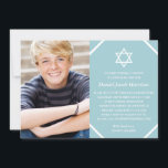 Minimalistisch Blue Foto Bar Mitzvah Einladung<br><div class="desc">Dieses minimalistische Foto Bar Mitzvah lädt mit einem weißen Stern von David,  blauen Hintergrund und Platz für ein Foto ein. Stattdessen kann der Text in Anzug eines Bat Mitzvah geändert werden.</div>