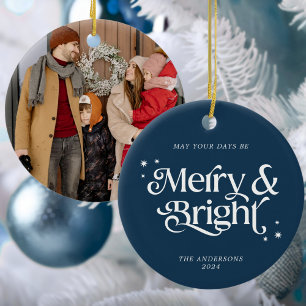 Minimalistisch Blue Merry & Bright Foto Weihnachte Keramik Ornament