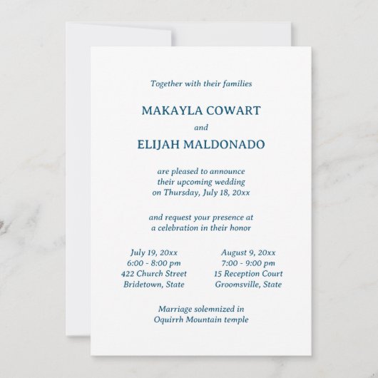 Minimalistisch Blue Spanisch-Englisch Zwei Empfäng Einladung (Vorderseite)