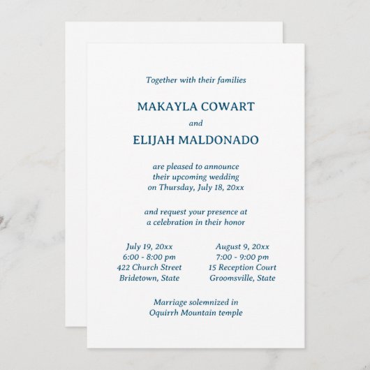 Minimalistisch Blue Spanisch-Englisch Zwei Empfäng Einladung (Vorne/Hinten)