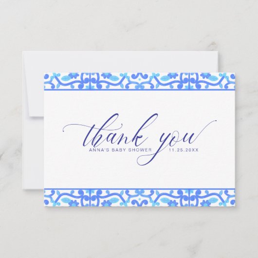 Minimalistisch Blue Tile Script Baby Dusche Dankeskarte (Vorderseite)