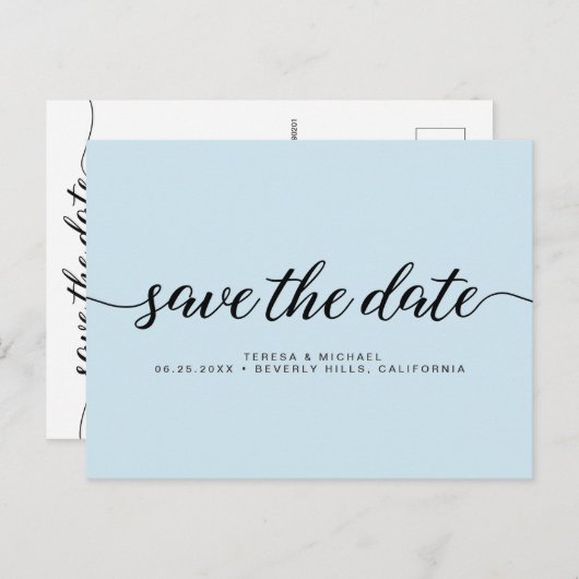 Minimalistisch Blue Verlobung Save the Date Skript Postkarte (Vorne/Hinten)