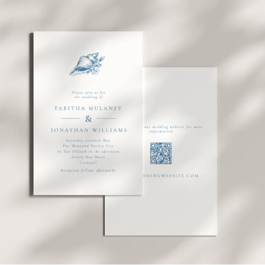 Minimalistisch Blue Vintag Seashell QR Code Weddin Einladung