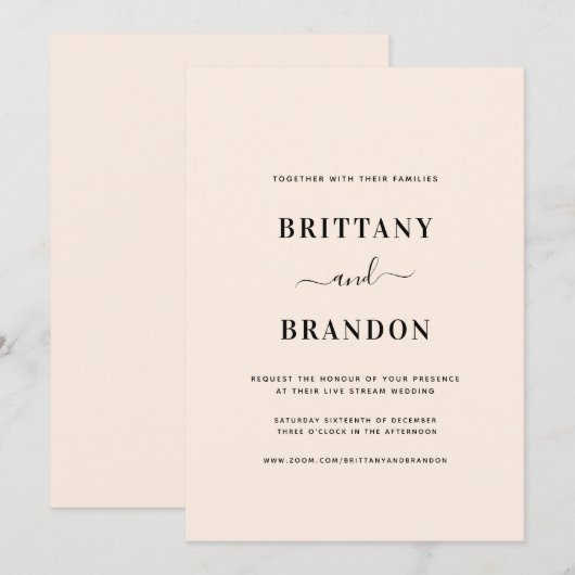 Minimalistisch Blush Pink Live Stream Wedding Einladung (Vorne/Hinten)