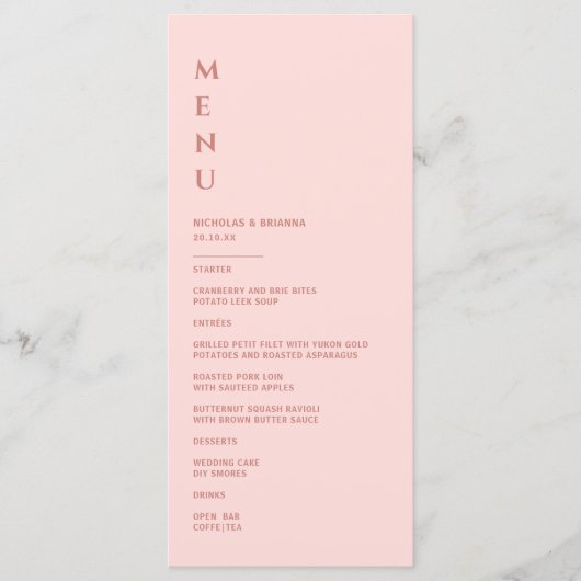 Minimalistisch Blush PInk Wedding Menükarte (Vorderseite)