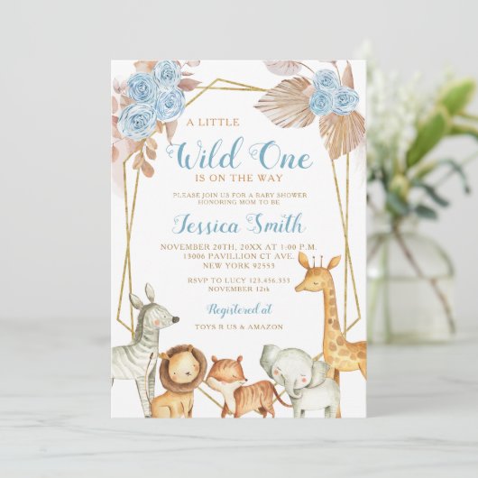 Minimalistisch Boho Blue Floral Safari Baby Dusche Einladung (Stehend Vorderseite)