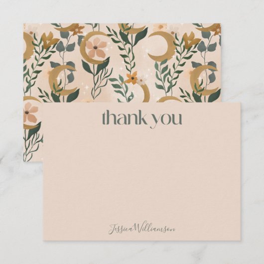 Minimalistisch Boho Blush Bloral Moon Babydusche Dankeskarte (Vorne/Hinten)