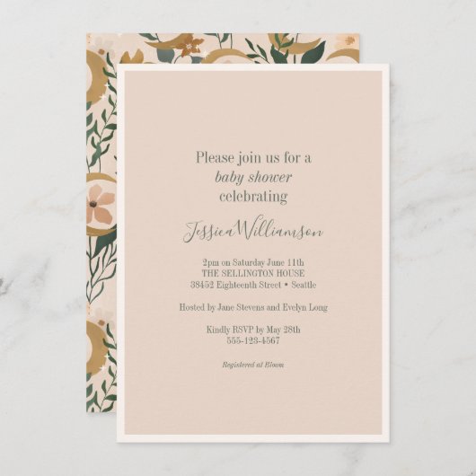 Minimalistisch Boho Blush Bloral Moon Babydusche Einladung (Vorne/Hinten)