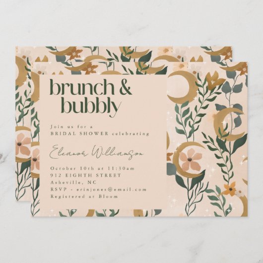 Minimalistisch Boho Blush Bloral Moon Brunch Bubbl Einladung (Vorne/Hinten)