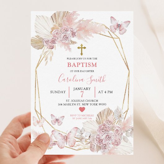 Minimalistisch Boho Blush Pink Roses Butterfly Tau Einladung