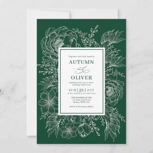 Minimalistisch Boho Botanical Emerald Green Weddin Einladung (Vorderseite)