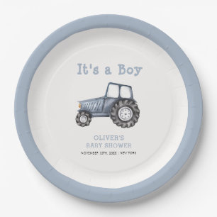 Minimalistisch Boho Boy Watercolor Traktor Babydus Pappteller