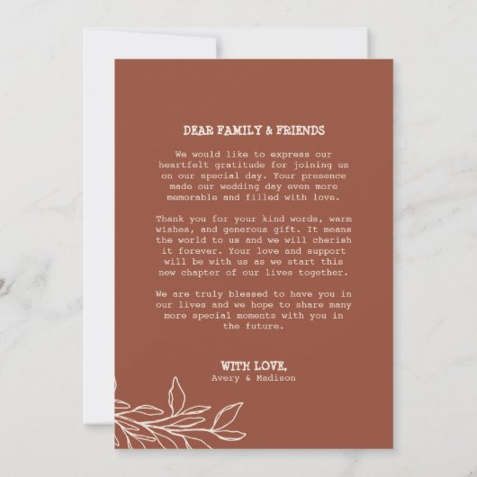 Minimalistisch Boho Burnt Orange Schreibwriter Wed Dankeskarte (Rückseite)