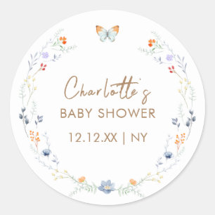 Minimalistisch Boho Butterfly Wildblume Babydusche Runder Aufkleber